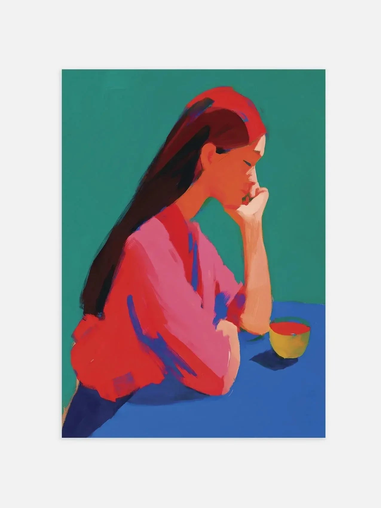 Colorful illustration of a woman with long hair in a red shirt sitting at a table with a cup