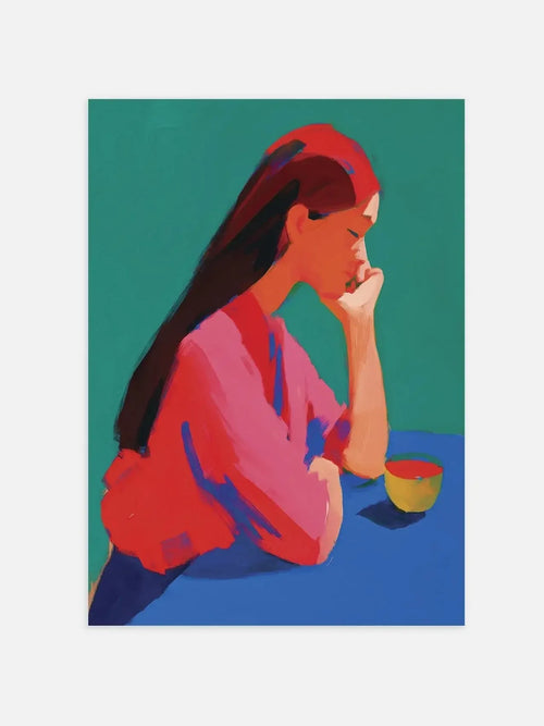 Colorful illustration of a woman with long hair in a red shirt sitting at a table with a cup