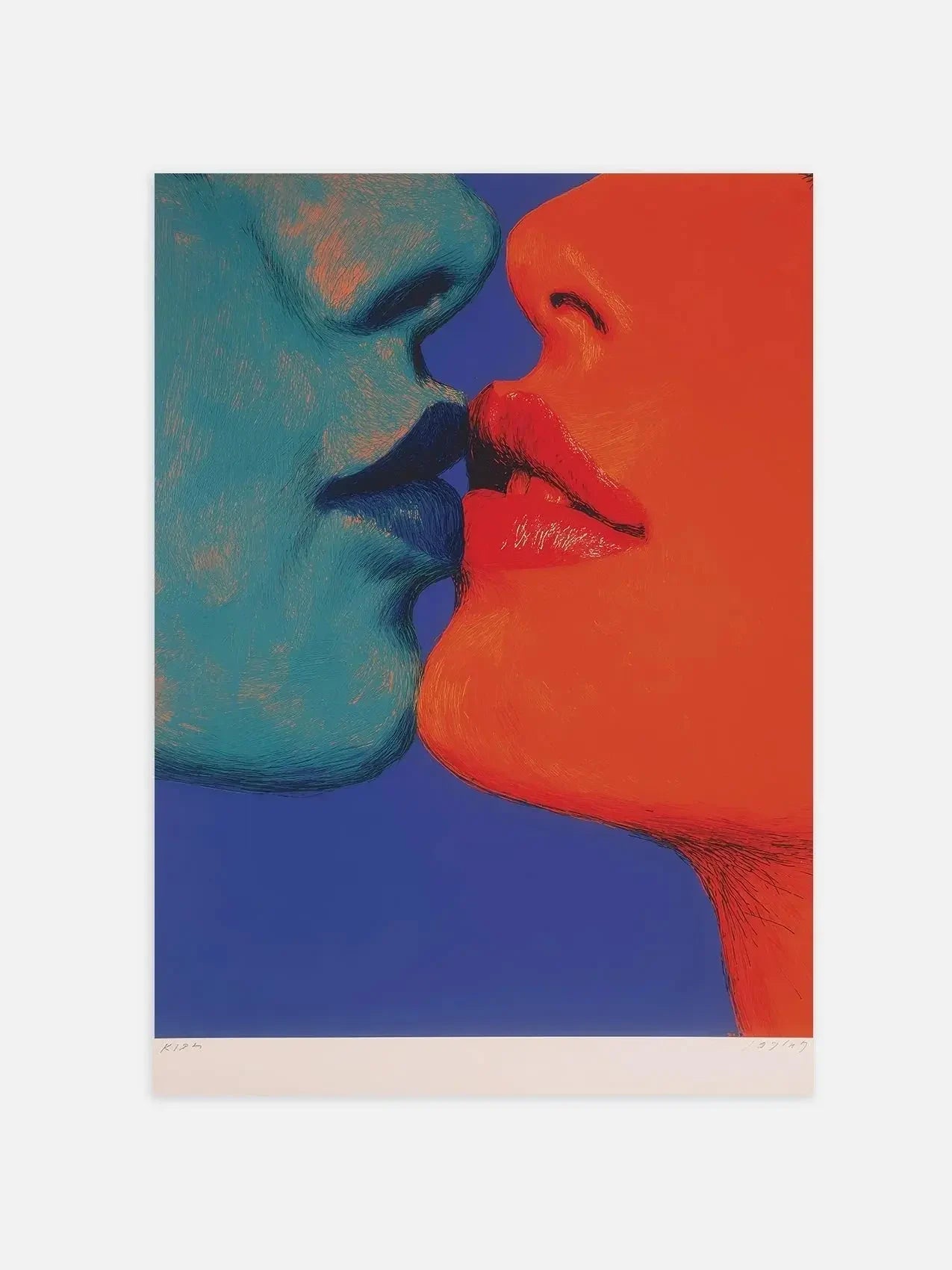 Colorful modern art print of two faces about to kiss, blue and red abstract illustration.