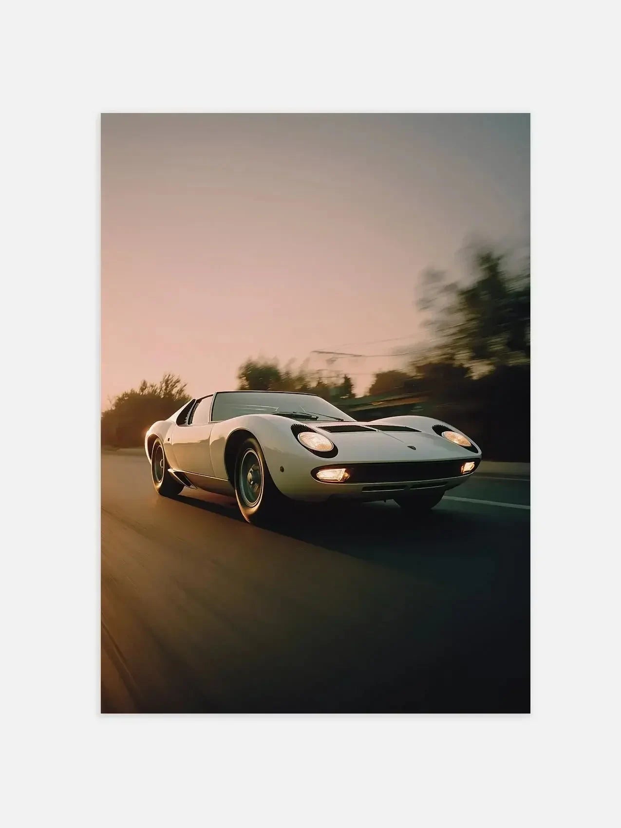Classic Lamborghini Miura driving on road at sunset, vintage car wall art poster