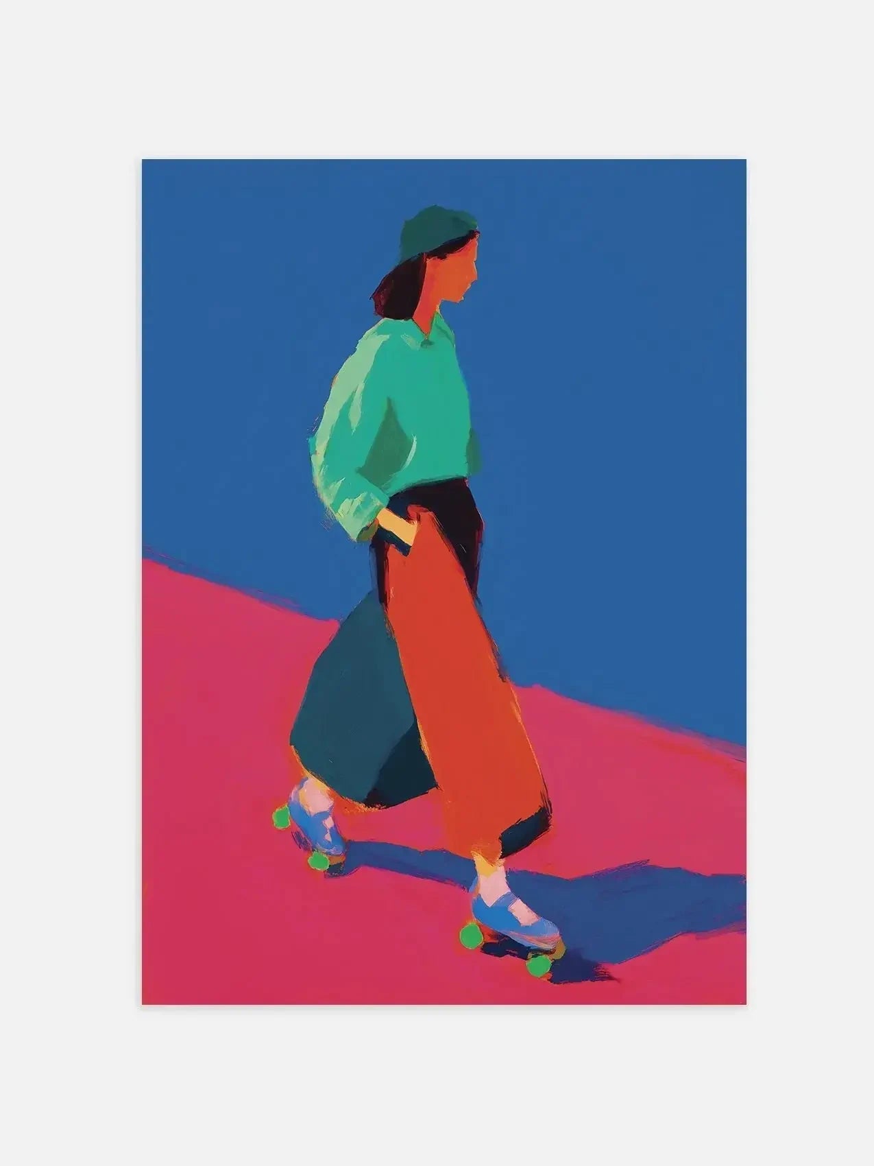 Colorful modern art poster of a person roller skating on a pink and blue background