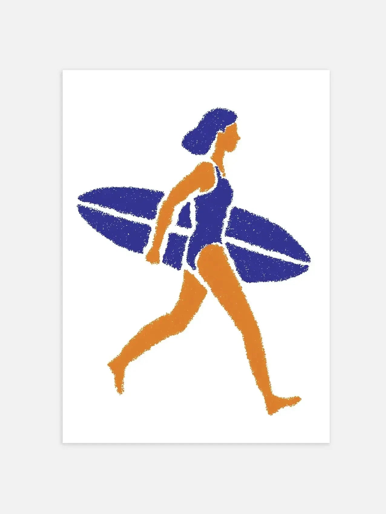 Minimalist surf art poster with woman in swimsuit carrying surfboard, colorful illustration