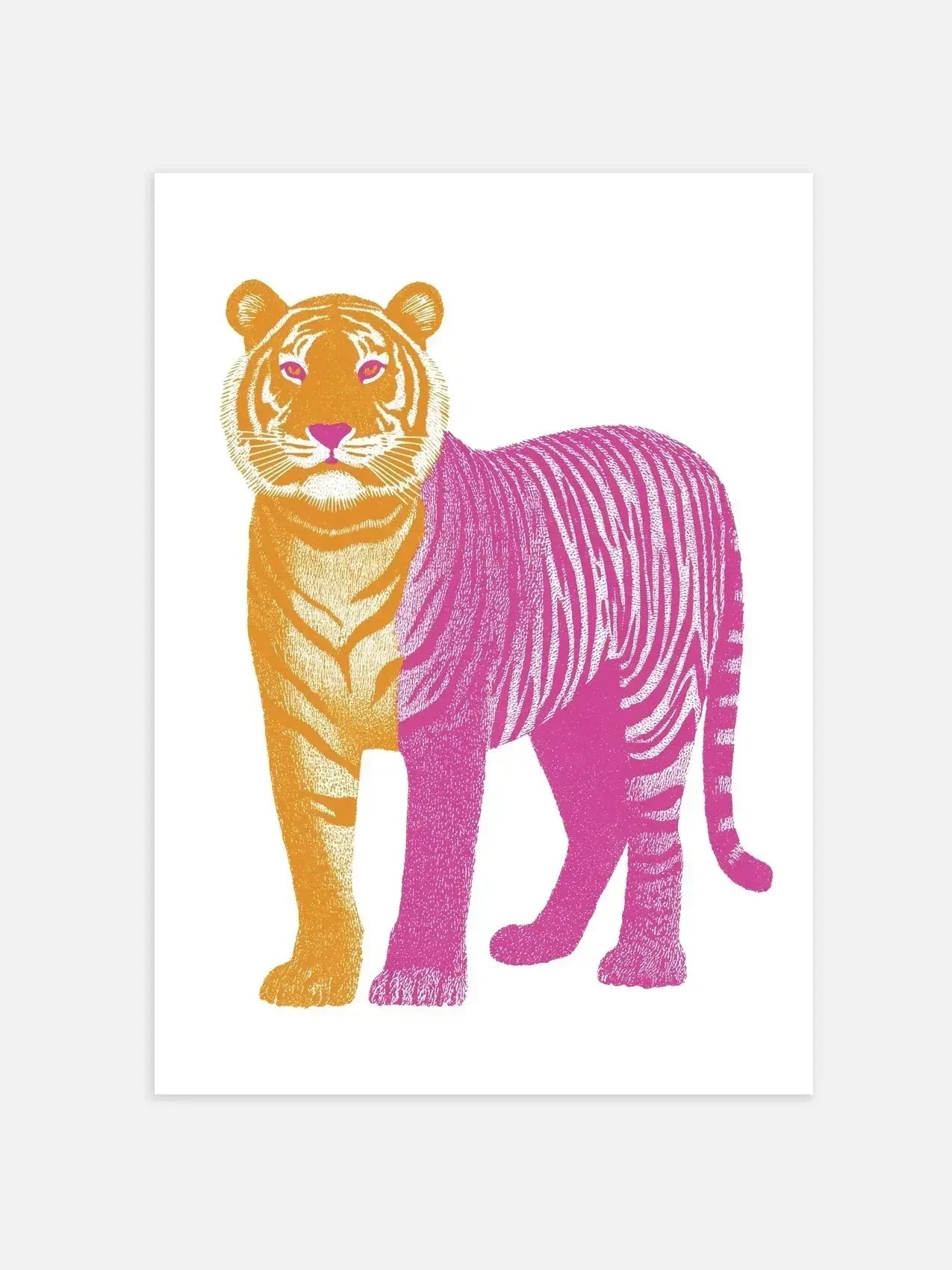 Modern art print of a tiger with orange and pink stripes on a white background