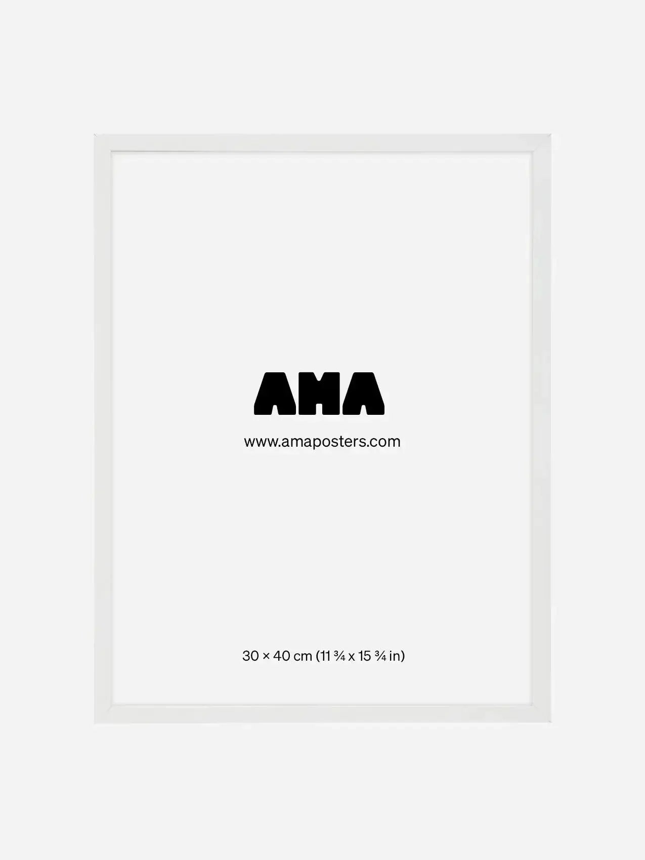 White photo frame with minimalist AMA poster, website text, and dimensions 30x40 cm