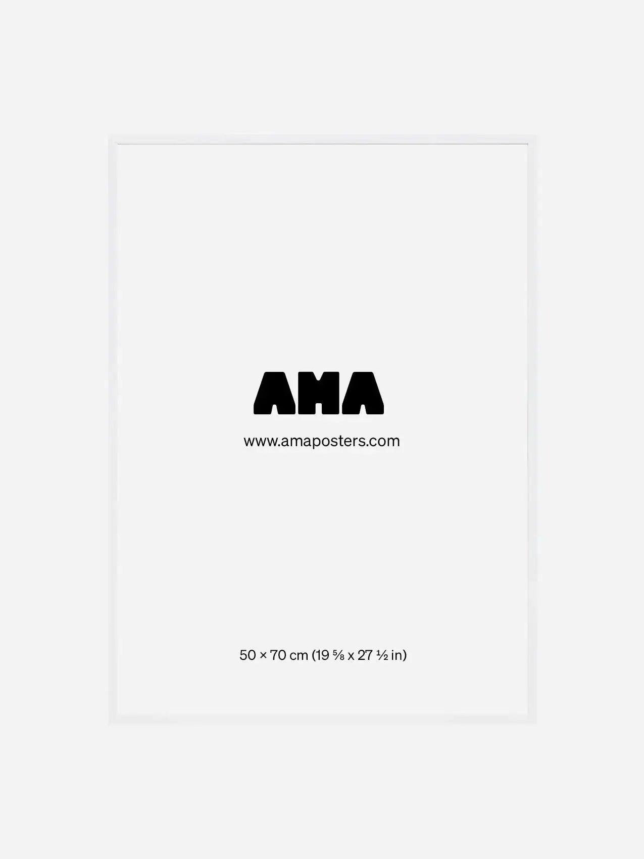 Minimalist white poster frame with measurement 50x70 cm, plain background