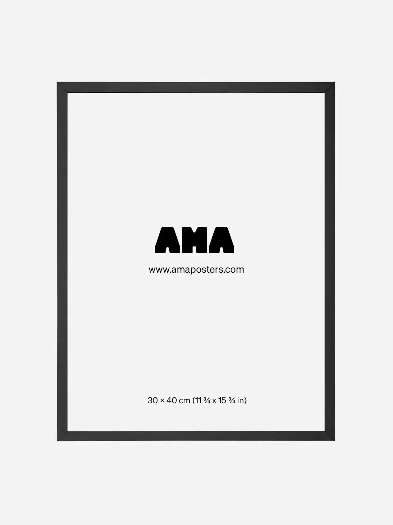 Black picture frame with minimalist poster, text 'AMA', 30x40 cm, on white background.