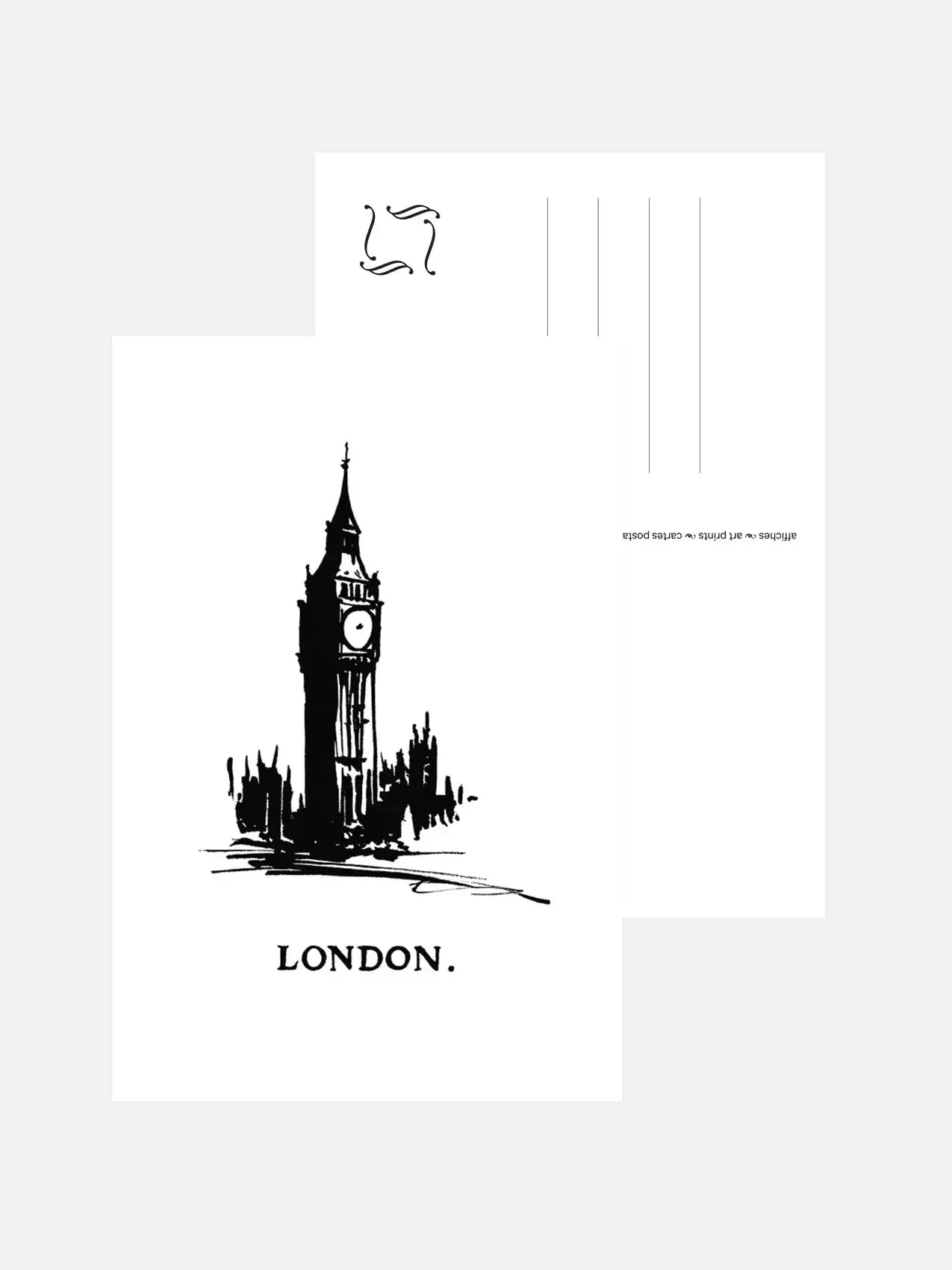 London postcard featuring black and white Big Ben illustration with text 'London'.